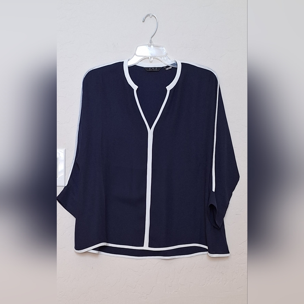 ZOA Navy Blue Dolman Top 3/4 Sleeve 2 Tone Popover Relaxed Fit Womens XS